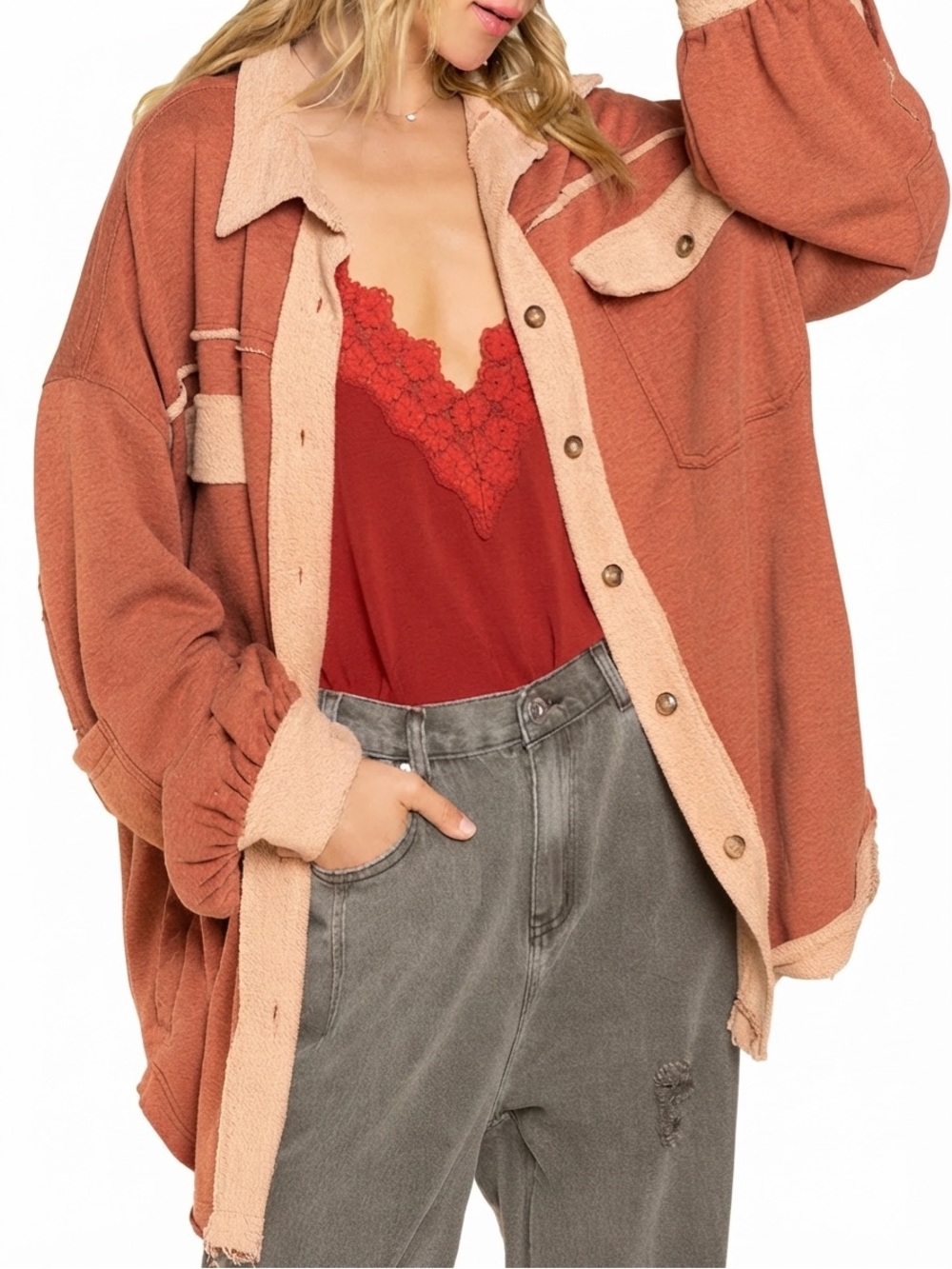 POL Upgrade The Classic Look French Terry Jacket Shacket L in dusky ginger